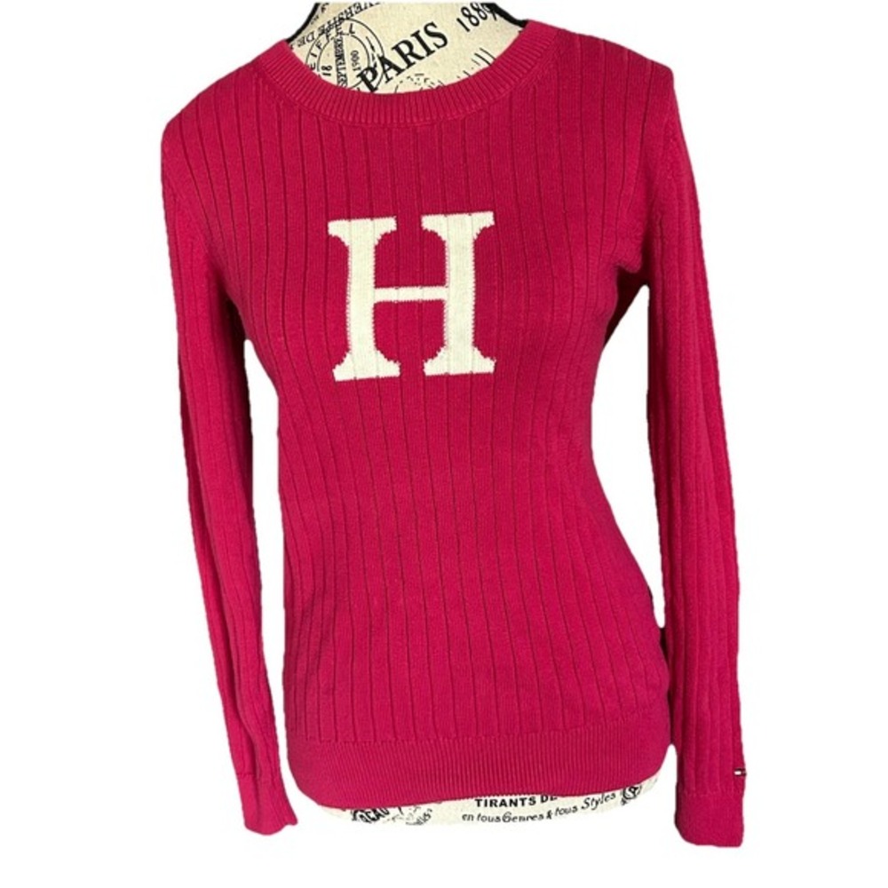 Tommy Hilfiger H‎ Logo Pink Size S Knit Ribbed Sweater Pullover Preppy Sporty